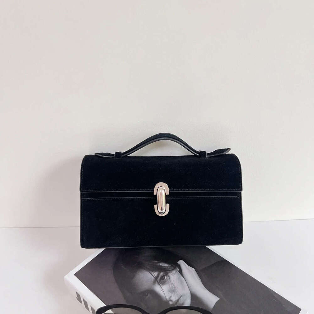 First-Layer Cowhide Vintage Handbag 25 Women Niche Design Black Suede Flip Clutch Genuine Leather Handheld Small Square Bag