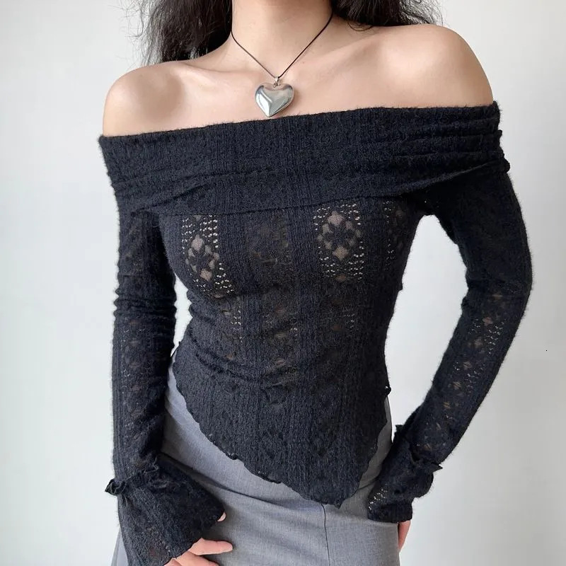 Designer style irregular jacquard hollowed out one shoulder brushed lace long sleeved T-shirt for women slim fit spicy girl top