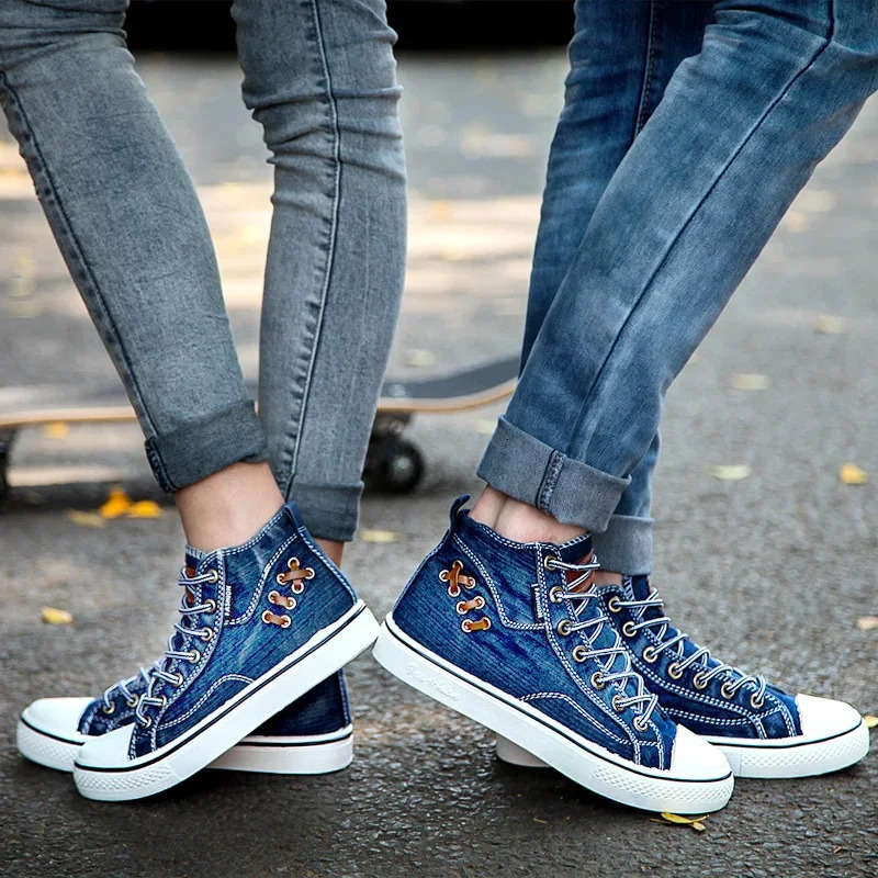 Denim Canvas Sneakers For High Top Walking Sport Round Toe Lace Up Men Casual Shoes Running Thick Sole Ladies Brand Boots