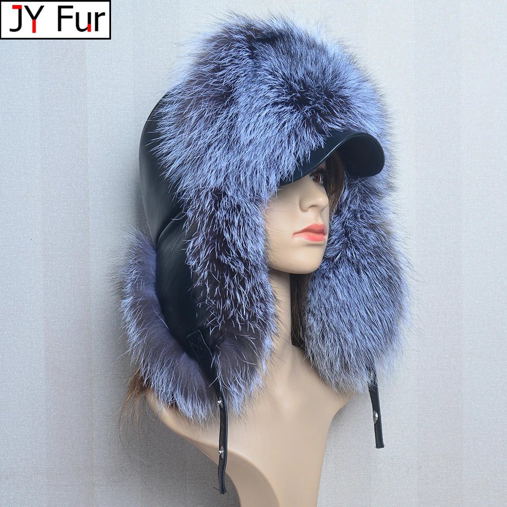 A genuine silver fox fur hat with ear flaps a genuine natural fur hat suitable for Russian womens bomber hats and a trap hat with a genuine leather to