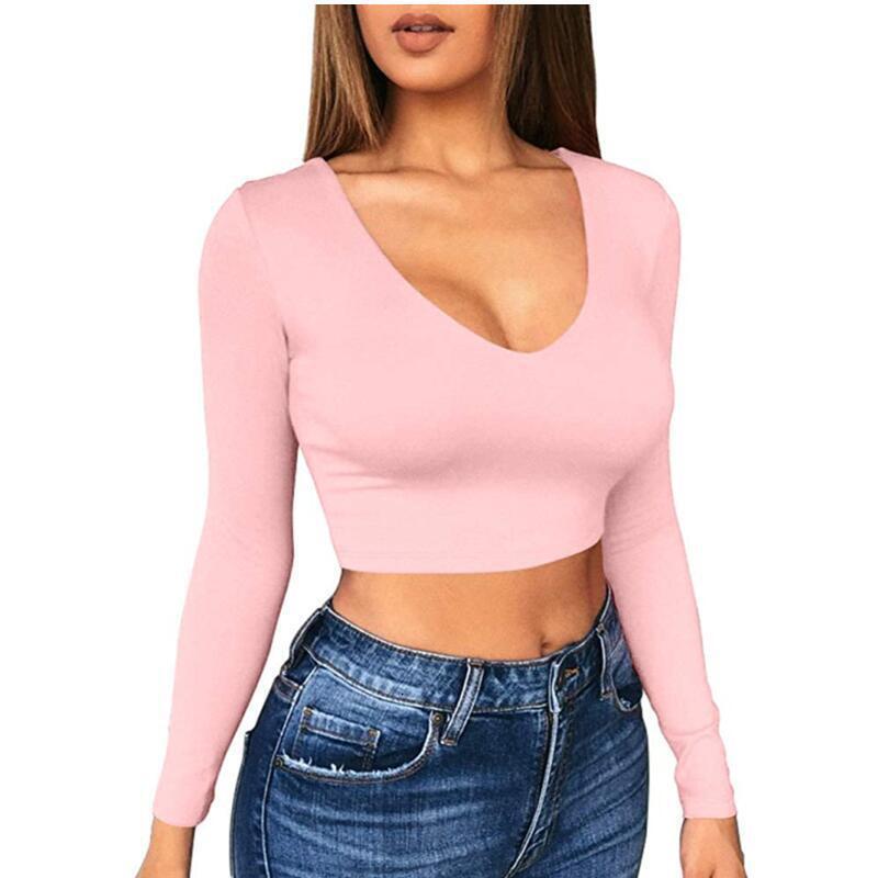 Designer slim fit spicy girl women's solid color base shirt sexy ultra short low cut exposed navel tight long sleeved T-shirt top