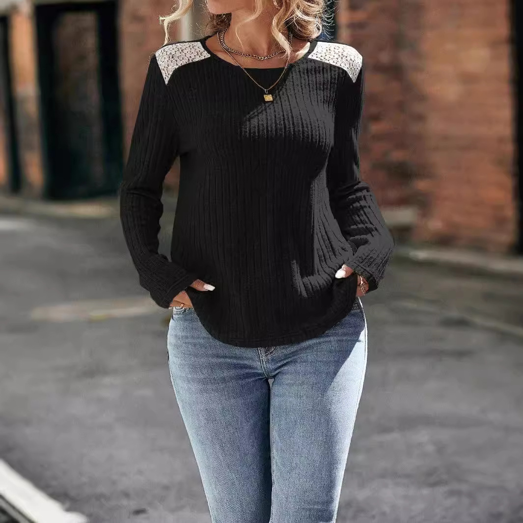 Designer Women's New T-shirt Spring and Autumn Round Neck Pit Strips Brushed Lace Long Sleeve Top for Women
