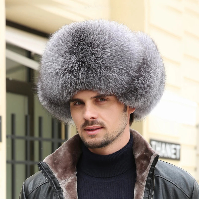 Winter Mens 100% Real Silver Fox Fur Bomber Hat Raccoon Fur Wusanka Hat Catcher Russian Mens Ski Hat Real Leather 241030