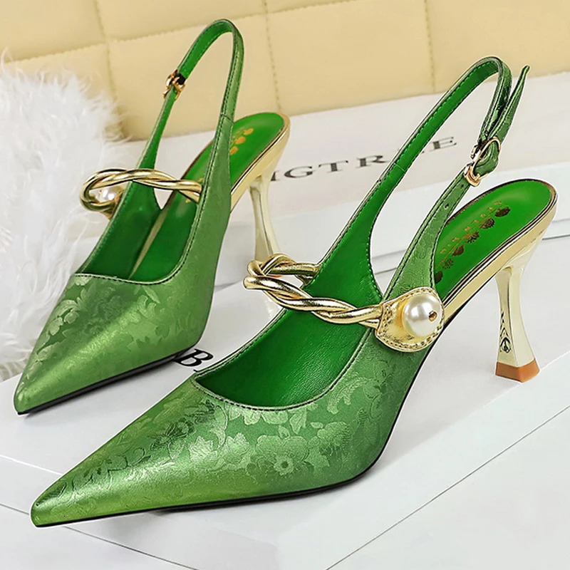 2024 Ethnic Style Women Pumps Silks Satins High Heels Pointed Hollow Women Sandals Metal Heel Kitten Heels Sexy Party Shoes 241031