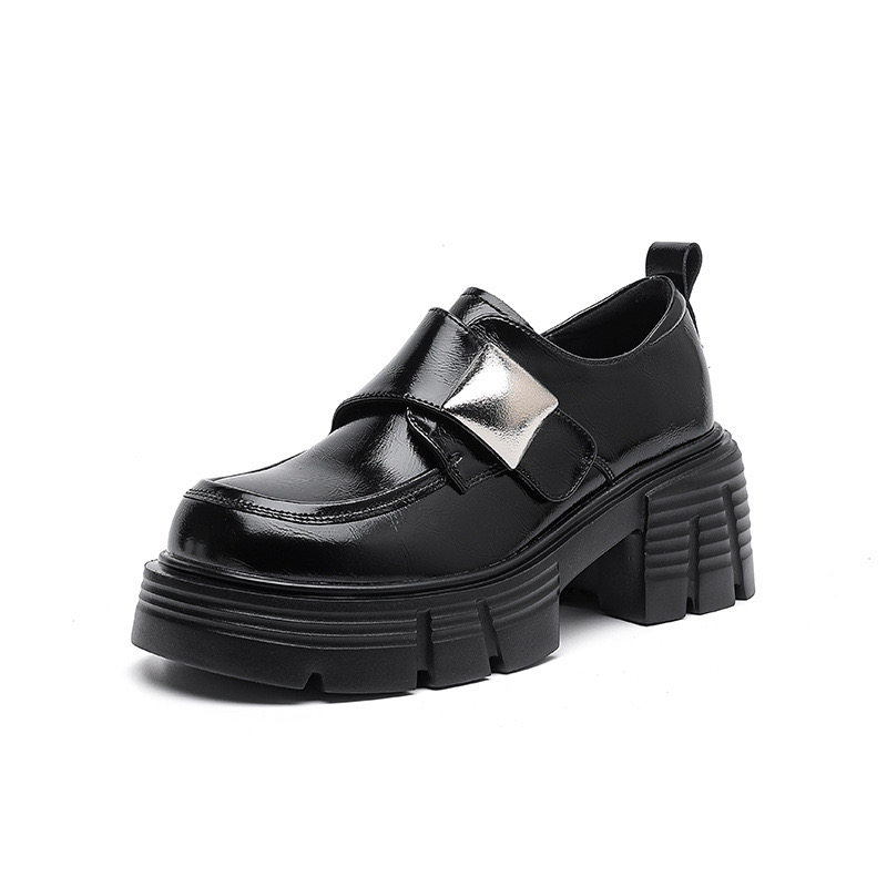 Platform Loafers Women Cow Leather Round Toe Triangle Marker New Sewing Design Classical Black Shoes Female Handmade