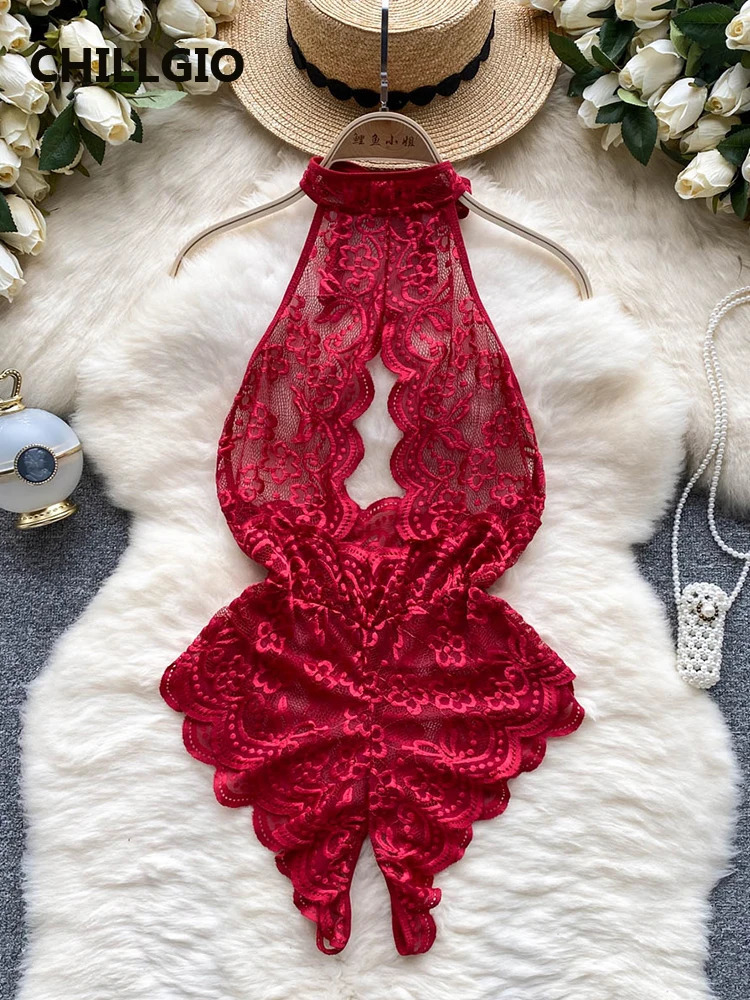 CHILLGIO Women Floral Lace Backless Bodysuits Halter Sexy Erotic Transparent Catsuits Lingerie LinOne Piece Combination Rompers 241031