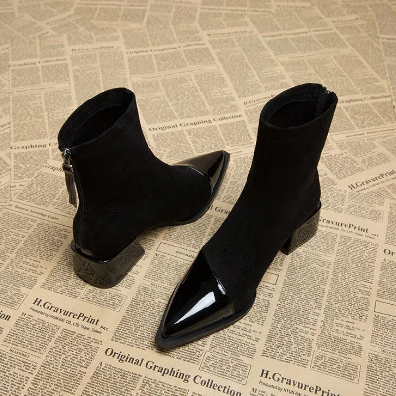 Simple and Versatile Winter Women Shoes High Quality Womens Pointed Toe Comfortable Mid-heeled Zipper Short Boots 241030 4