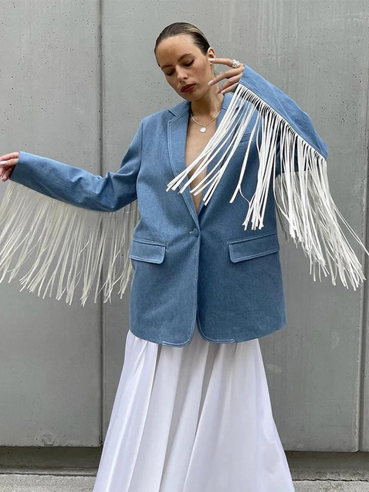 Tassel Denim Suits Jacket Flip Collar Single Button Commute Elegant Loose Casual Vintage Street Fringe Suit Top Women 241031