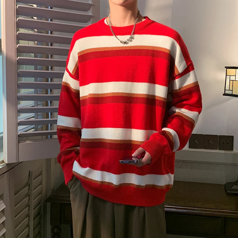 Red Sweaters For Men Christmas Gift Boyfriend Striped Sweater Soft Touch Stretch 241031