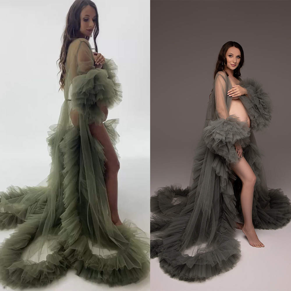 Customized Sexy Women Bathrobe Ruffles V Neck Long Sleeve Maternity Dresses Pregnant High Split Nightgown Pijama Evening Dress