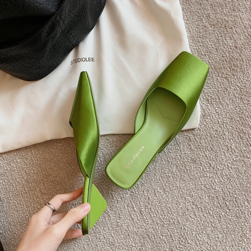 Square Summer Head Shallow Mouth Satins Triangle Slippers Fashion Minimalist Retro Commuting Casual Low Heel Sandals