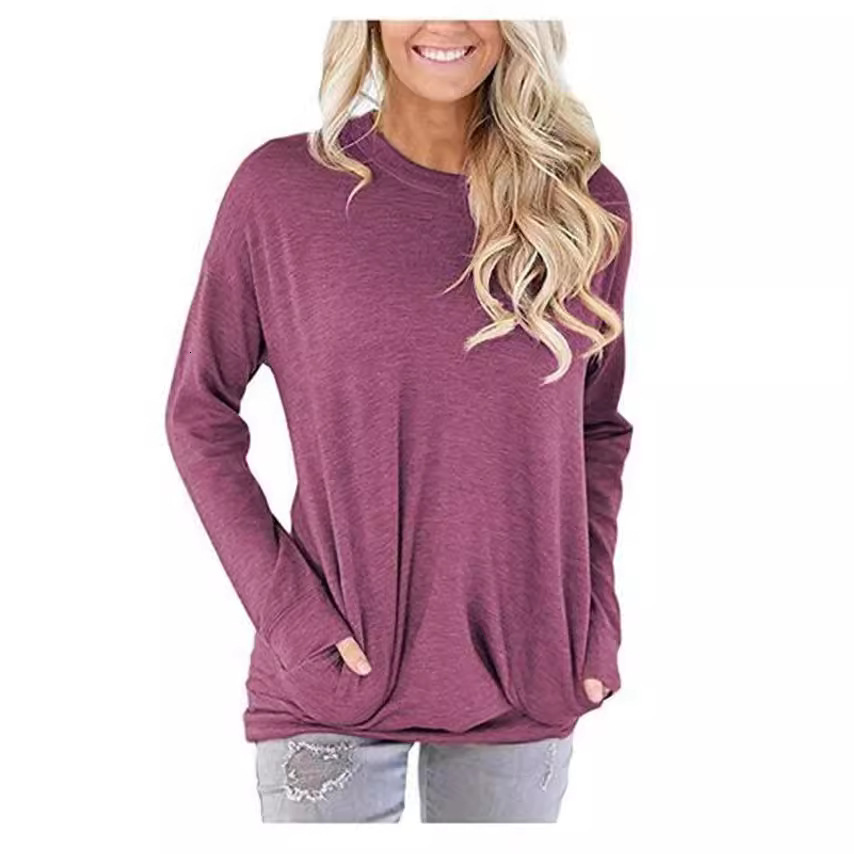 Designer's Autumn New Round Neck Bat Long Sleeve Pocket Decorative T-shirt