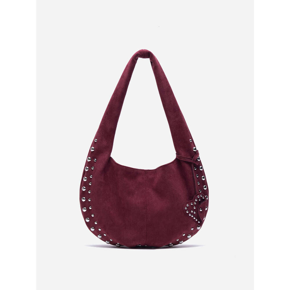 24Ss Women's Shoulder European And American Style Rivet Handbag Suede Retro Motorcycle Soft Armpit Bag