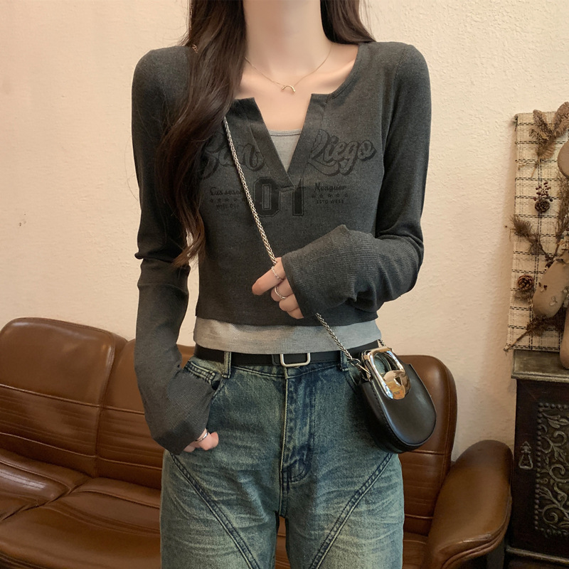 Designer American Printed Fake Two piece Long Sleeve T-shirt for Women 2024 Autumn New Women's Wear Slim Fit Bottom Inner Top