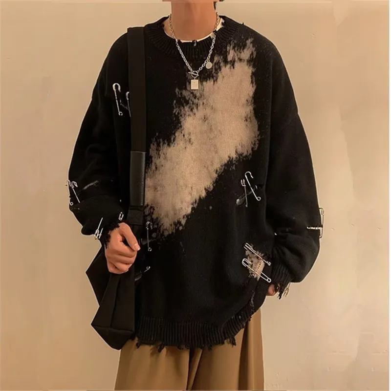 Fashion Couple Oversized Vintage Ripped Pullover Y2K Men Women Pink Knitted Sweater Hip Hop Mens Tie Dye Hole Knitwear Sweaters 241031