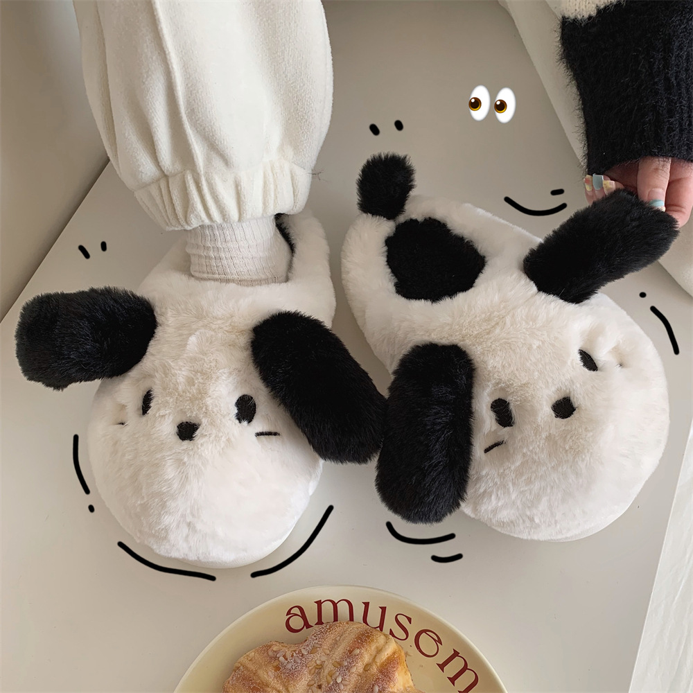 Cartoon puppy Family Slipper Woman Girl Cute fluffy winter warm plush indoor flats Bedroom slide casual women's cotton slipper