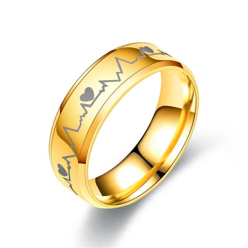 18K Gold Silver Titanium Steel Electrocardiogram Ring for Men Women Stainless Steel Couple Lovers Ring Jewelry Gift for Boyfriend Girlfriend Birthday 