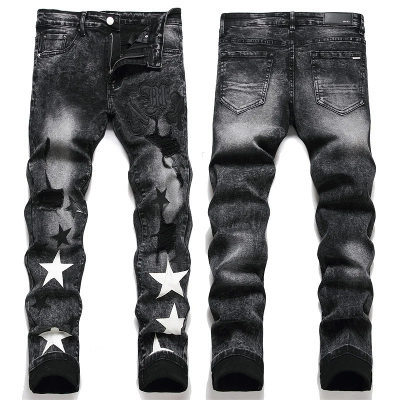 Slim Fit Elastic Black Cotton Embroidered Leather Label With Broken Hole Star Fashion Mens Jeans 241024