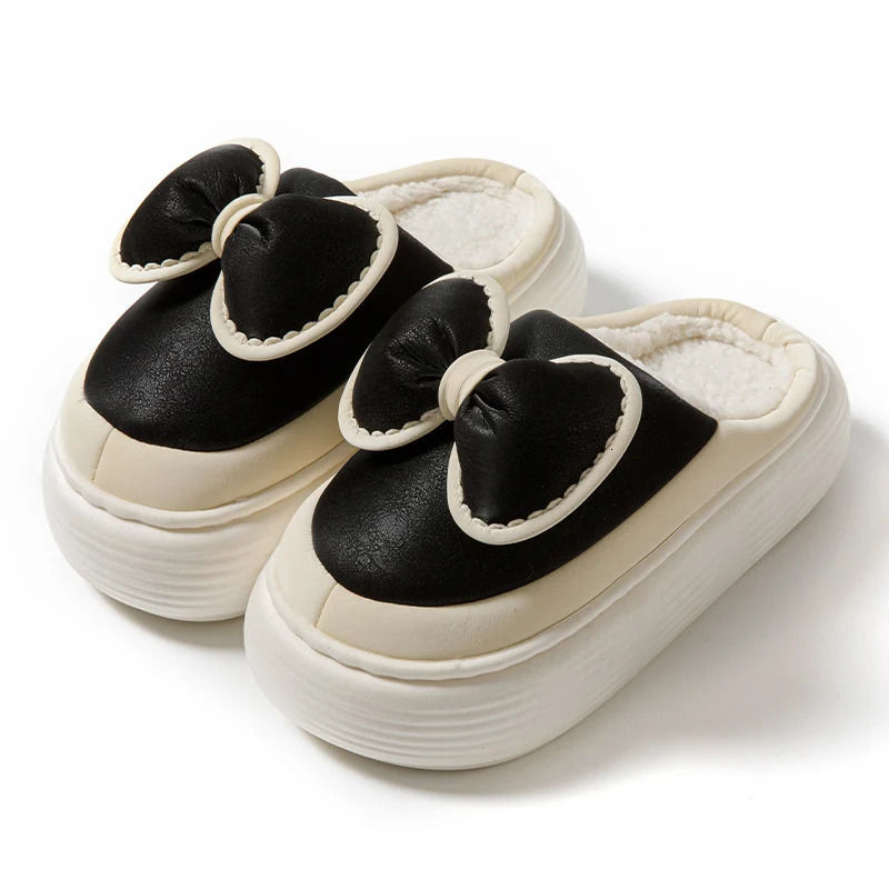 Fluffy Womens Home Sliding Platform Cotton Fur Apartment Winter Mule Shoes Butterfly Knot Decoration Home Comfortable Leisure 241031