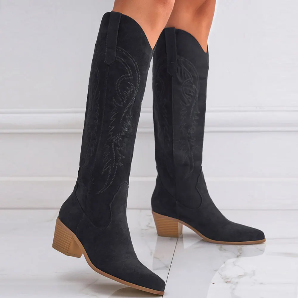 Cowboy for Women Faux Suede Leaf Scroll Embroidered Point Toe Chunky Heeled Knee High Western Boots Shoes Black White 241030 4