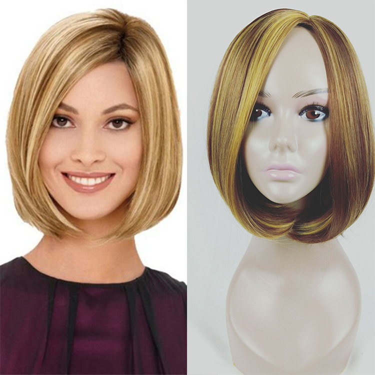 Fashion short hair wig bobo head flax gold dyed short straight hair chemical fiber headpiece