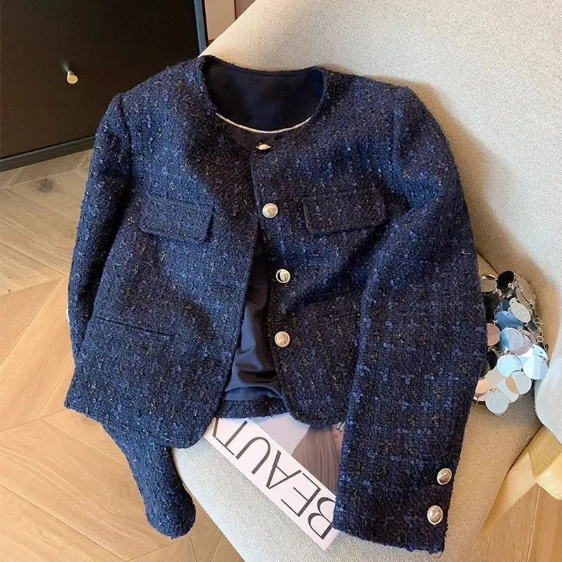 Dark Blue Tweed Short Coat Womens Autumn 2024 Fashionable Socialite Western Style Woven Long-Sleeved Top 241031