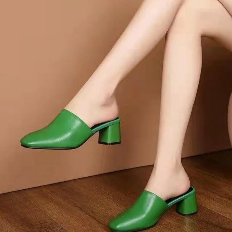 Baotou Half Slippers Women Summer Outer Wear Fashion Solid Color Square Toe Thick Heel High-heeled Womens Slides Pantuflas 241031