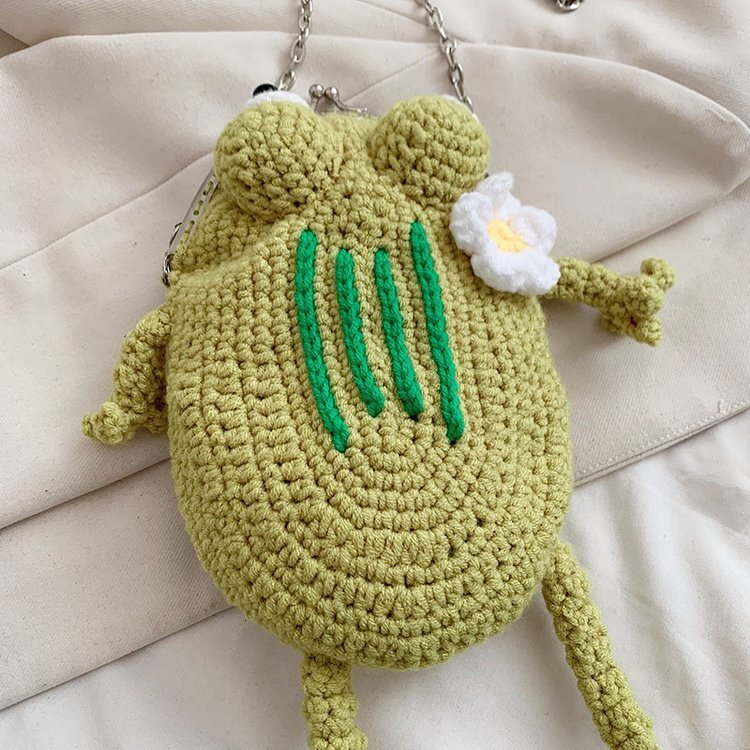 Cute Green Frog Shoulder Knitted Crossbody Casual Women Messenger Decoration Bag Phone Coin Purse