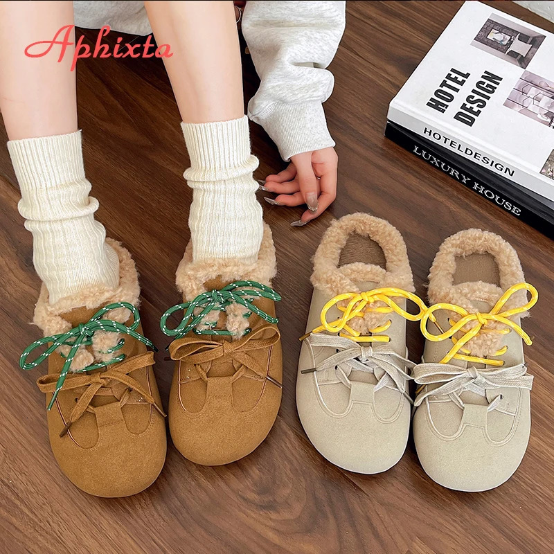 Aphixta Cow Suede Brown Slipper Furry Warm Women Mule Outside Plush Shoes Colorful Lace Up Slides chaussures femme zapatos mujer 241031