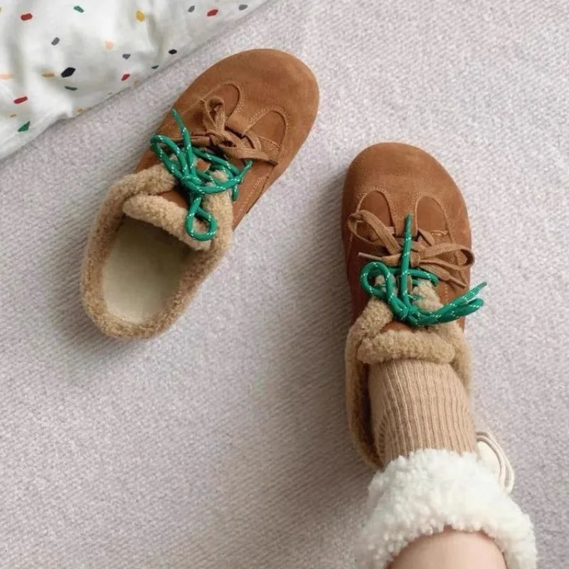 Flats Mules Women Slingback Slippers Winter Suede Lace Up Fashion Short Plush Warm 2025 Trend Shoes Women Cozy Cotton Slippers 241031
