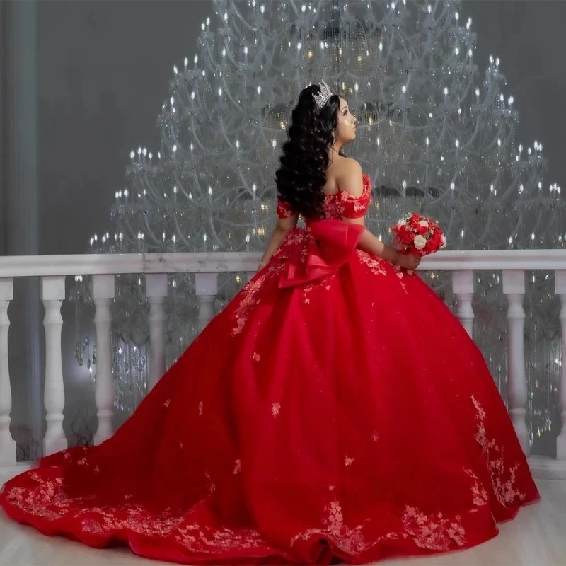 Red Shiny Quinceanera Dress Off The Shoulder Lace Applique Beading Tull Mexican Sweet 16 Birthday Party Dress Vestidos De XV 15 Anos