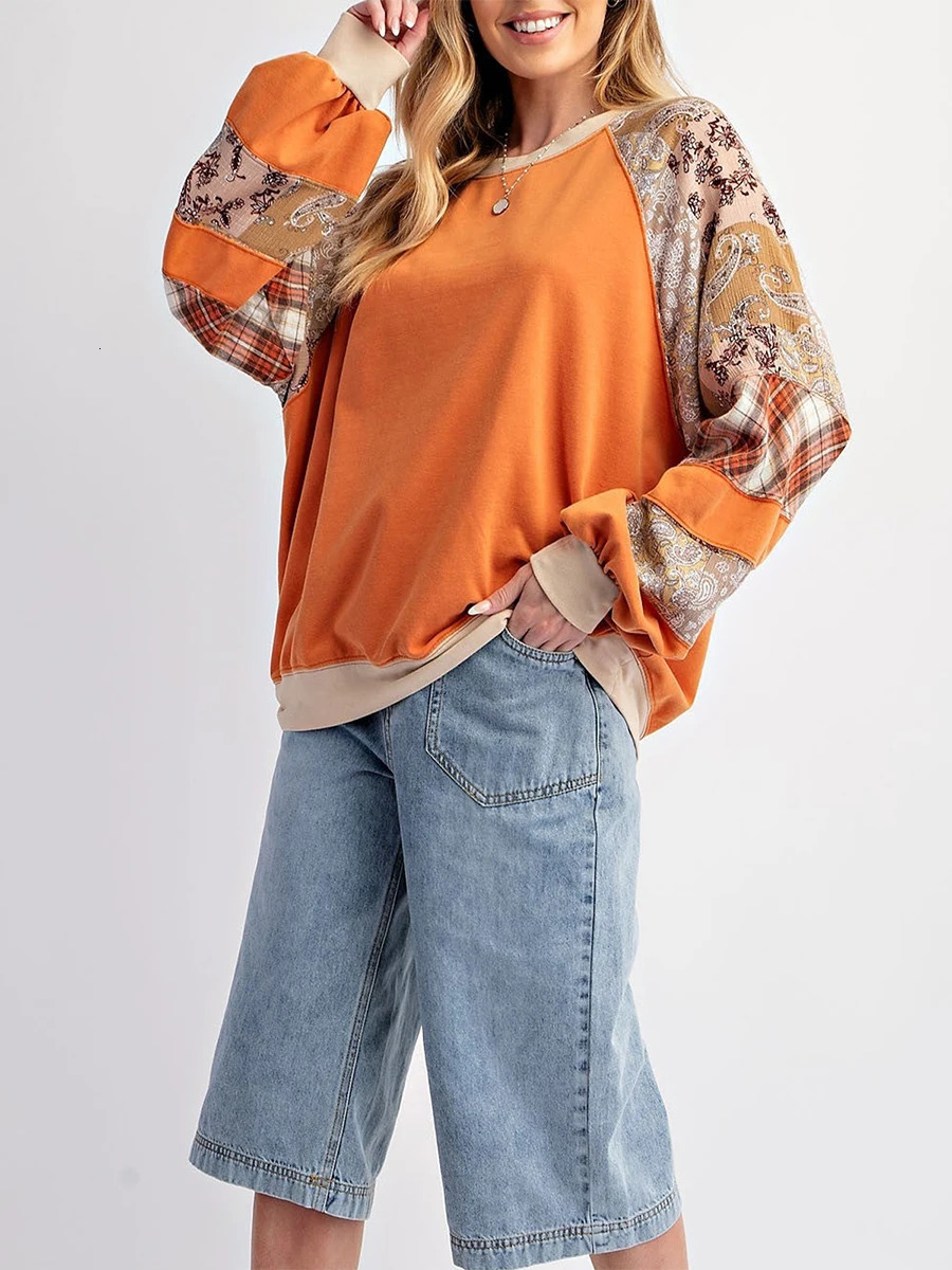 Vintage Indie Sweatshirt Contrast Print Loose Crew Neck Long Sleeve Pullover Tops Womens Casual Fall Tshirt Tees Streetwear 241031
