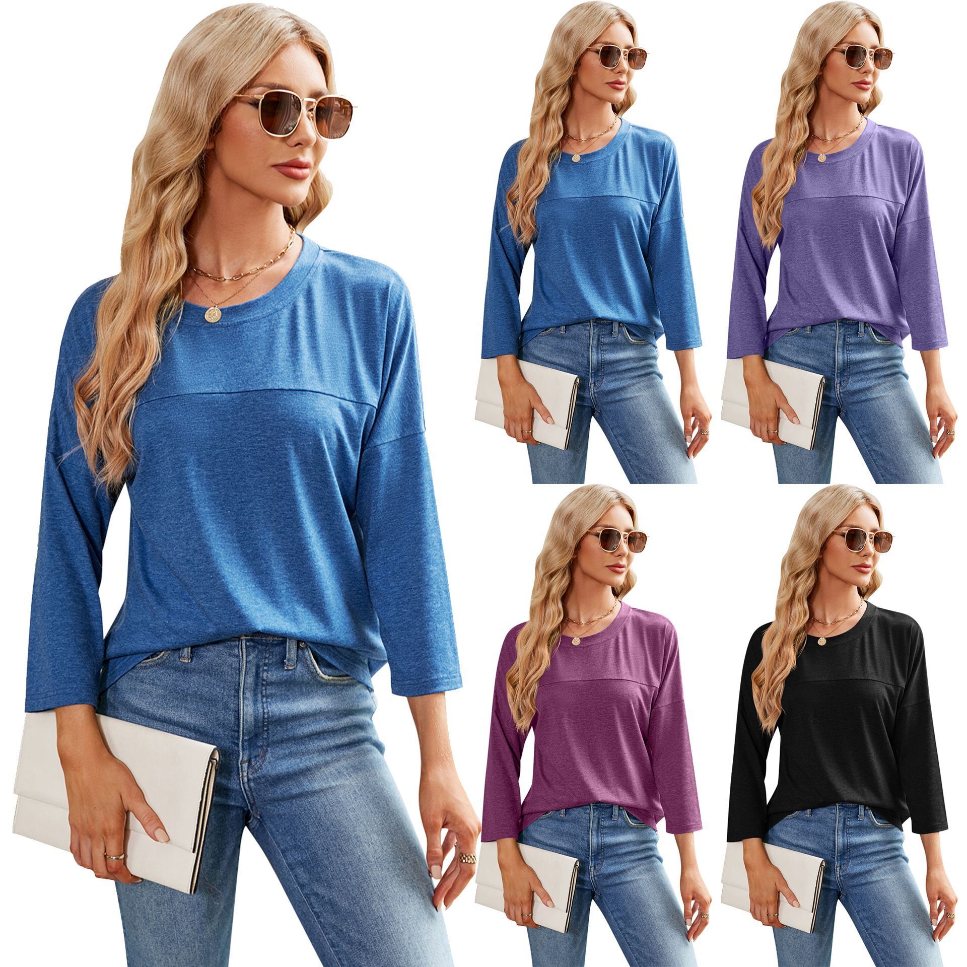 Designer's autumn and winter new solid color women's casual seven quarter sleeve round neck loose T-shirt