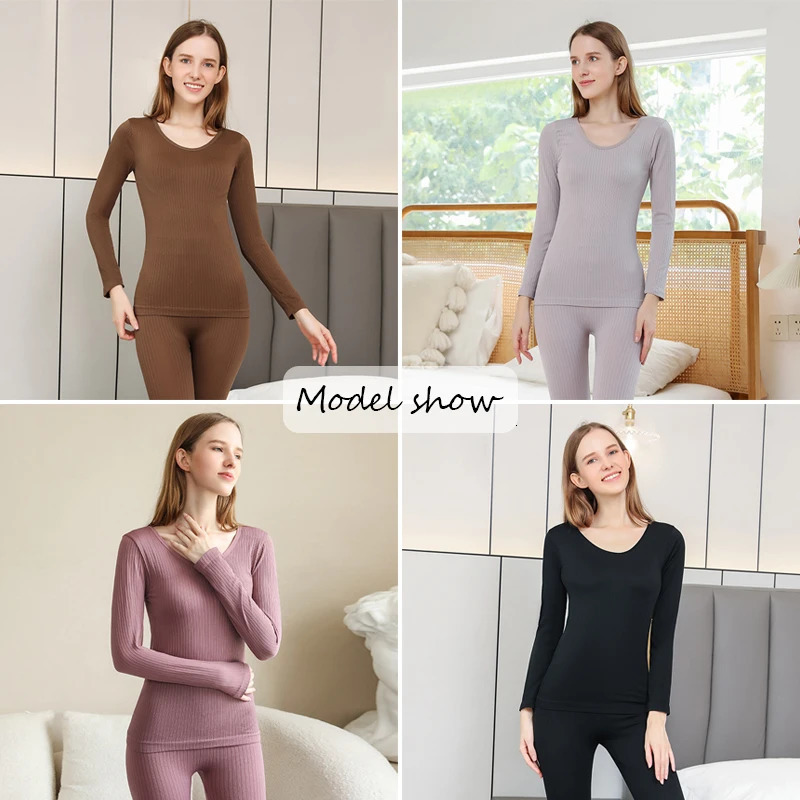 FINETOO Women Thermal Underwear Winter Warm Thick Homewear Clothes Seamless Long Sleeve Top Female Lingerie 2 Pcs Set Sleepwear 241031
