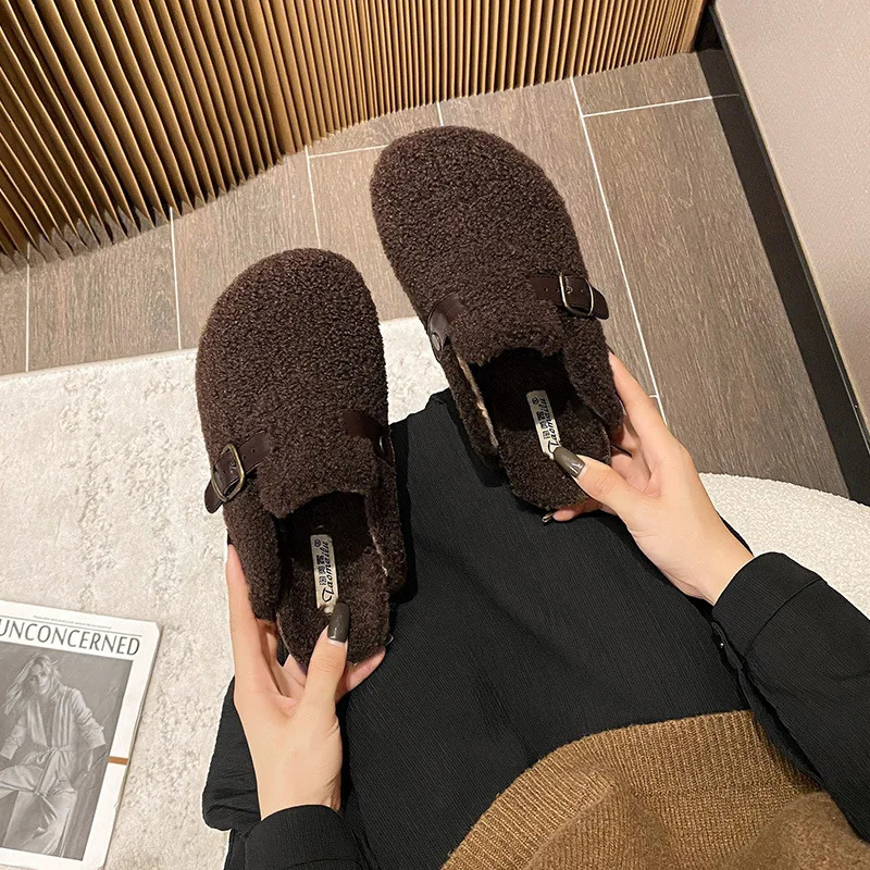 High quality sheepskin slider womens round toe buckle belt buckle pantuflas womens cork winter slider womens fur slider 241031