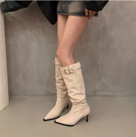 2024 autumn and winter new fashionable and versatile, slimming pile boots, pointed thin heels, high heels, high-heeled boots for women