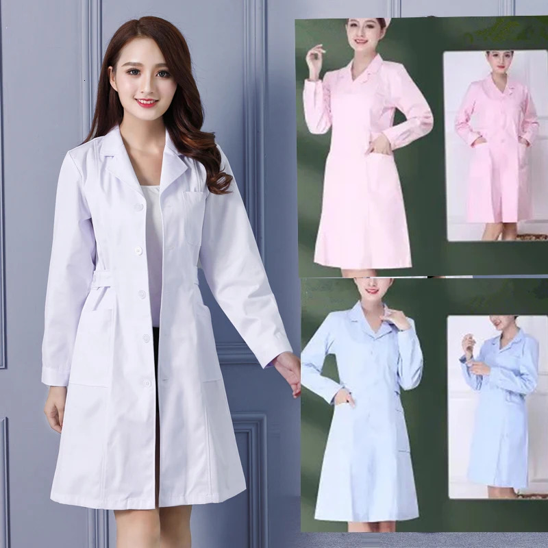 Fashion Womens Lab Coat Short Sleeve Doctor Nurse Dress Long Sleeve Uniforms White Jacket Adjustable Waist Belt 241031
