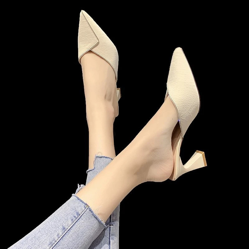 Net Red Baotou Half Slippers Women Wear Summer Fairy Feng Rhinestone Pointed Thick Heel High Heel Womens Shoes 241031