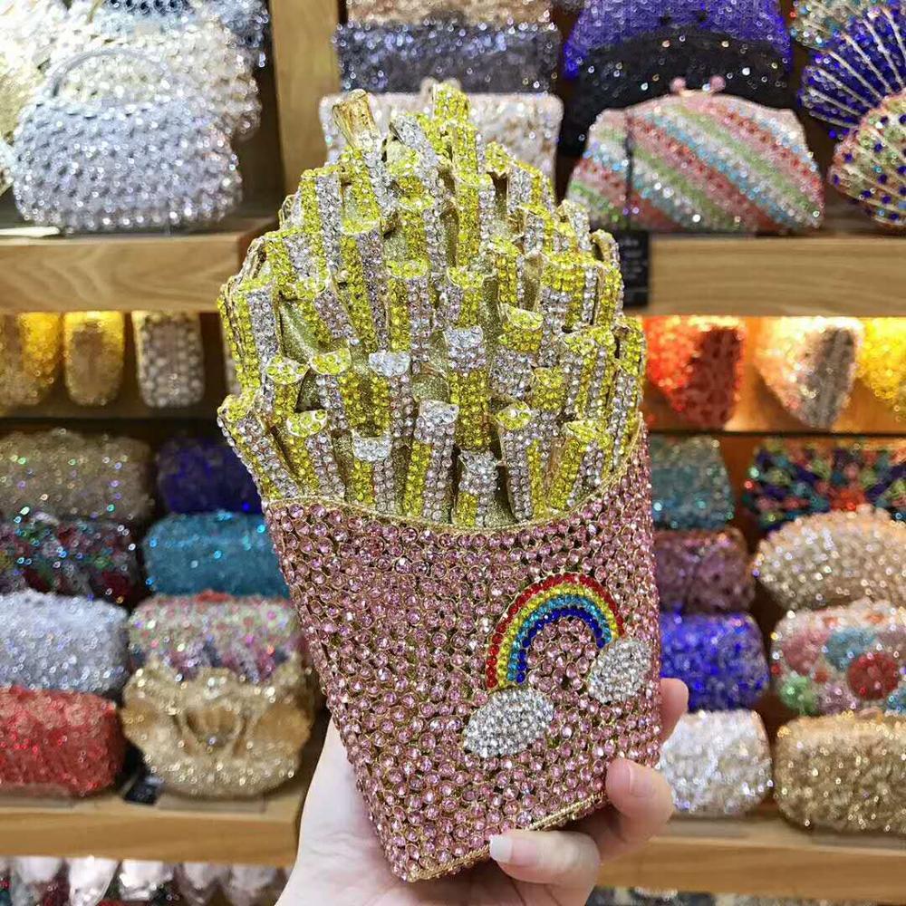 XIYUAN French Fries Shape Bg Crystal Clutch Purse Evening Bags Handbag For Women Wedding Party Dia Minaudiere Purses Gold
