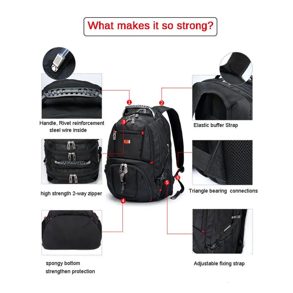 SwissMultifunctional bags Durable 17 Inch Laptop Backpack Travel BagCollege BookbagUSB Charging PortWater Resistant 241029