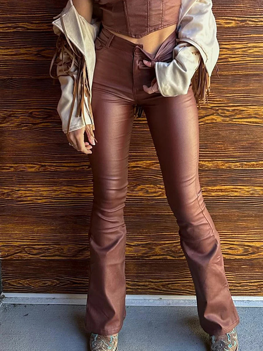 Women PU Leather Long Pants Solid Color High Waist Bell Bottom Trousers for Party Fashion Streetwear 241031