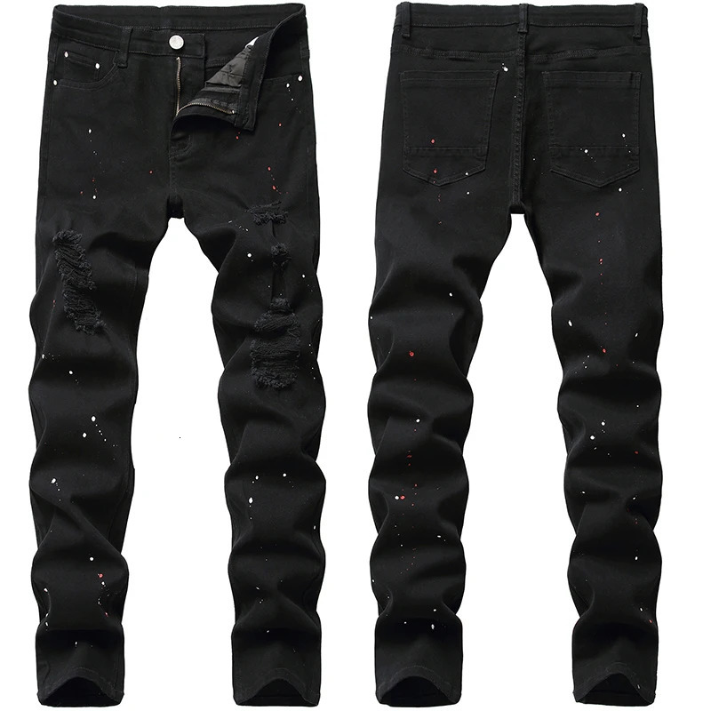 Men Denim Jeans Ruined Hole n Lacquer Foot Casual Long Pants Stretch Regular Fit Black Trousers Arrivals 241024