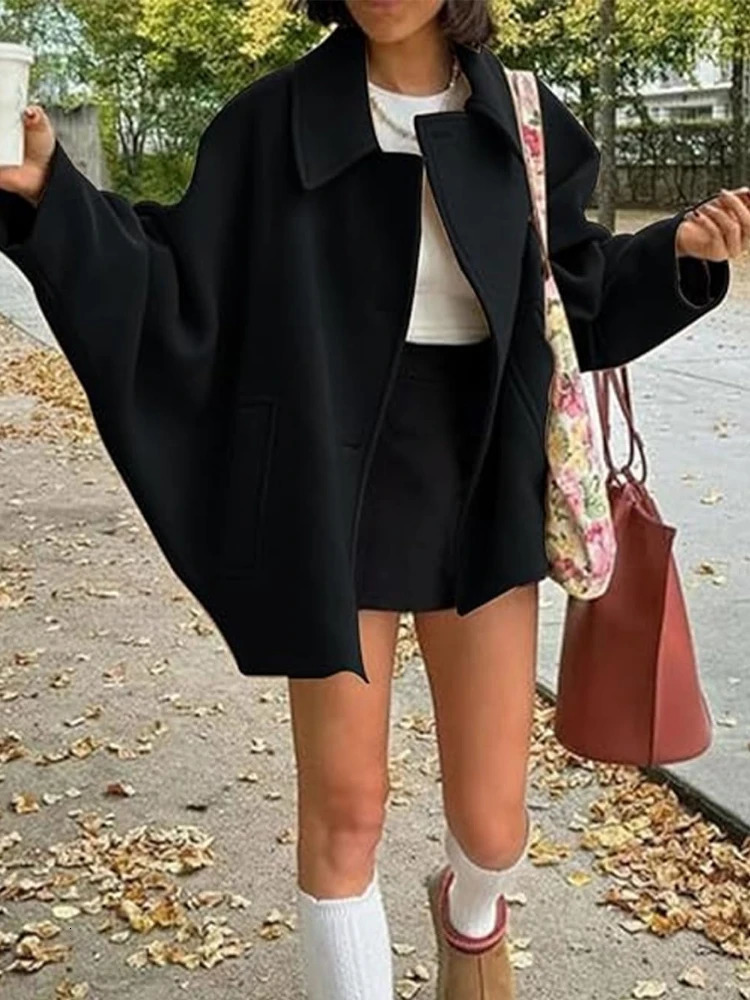 ZBZA Womens Oblique Button Loose Batwing Sleeve Jacket Coat Lapel Double Pocket Warm Solid Vintage Outerwear Fall Winter Coat 241030
