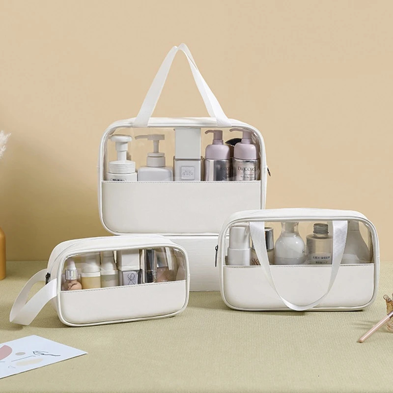 Fashion Transparent Makeup Wash Bag Womens Handheld PU Waterproof Large Capacity Storage Bag PVC Splicing Cosmetics Box 241031