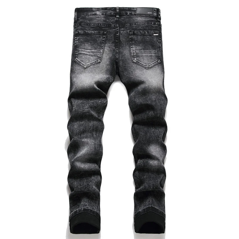 Slim Fit Elastic Black Cotton Embroidered Leather Label With Broken Hole Star Fashion Mens Jeans 241024