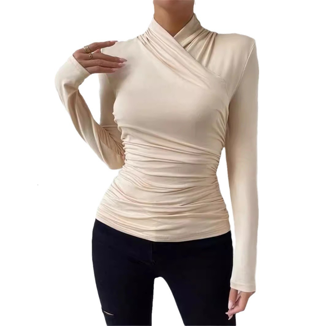 Designer's autumn and winter new design cross neck slim fit versatile pleated T-shirt