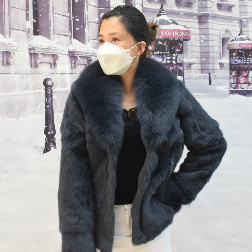 QUEENTINA Fashion For Winter Natural Rabbit Coat Has Large Fox Fur Shawl Collar Thick Autumn Warm Jacket Plus Size Clothing