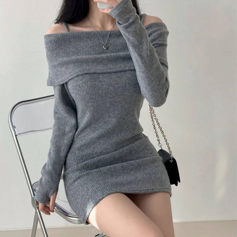 Y2K Women Knitted Mini Dress Korean Sexy Off Shoulder Female Dress Spring Spaghetti Strap Long Sleeve Ladies Vestidos 241031