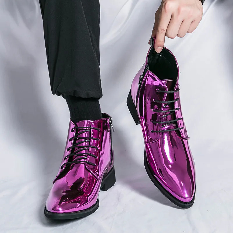 sparkling mens boots fashionable purple mens high top wedding shoes mens Pointed zipper mens social shoes large size 47 241031