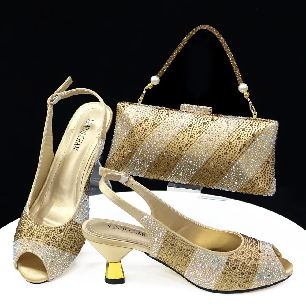 Doershow Arrival African Wedding and Bag Set gold Color Italian Shoes with Matching Bags Nigerian lady party HTY1-26 241030